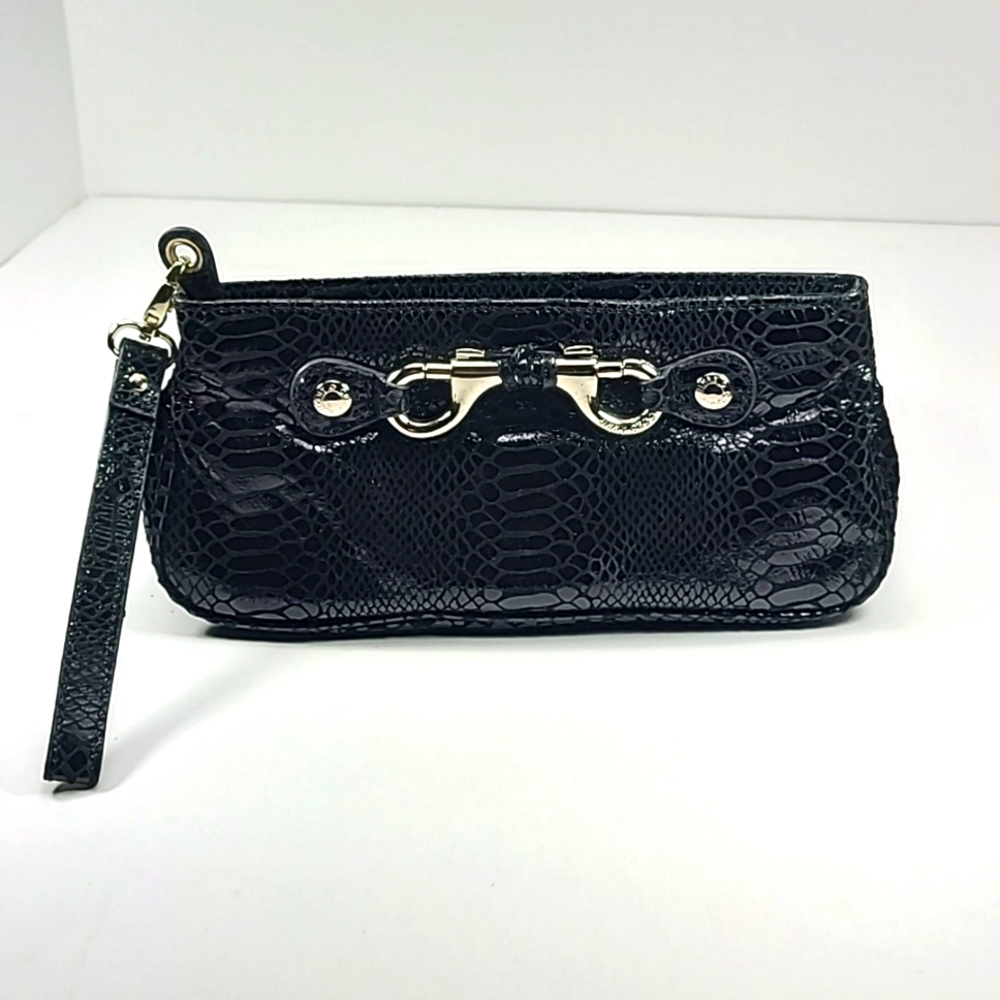 Jimmy Choo clutch in black printed leather and gold hardware and accents